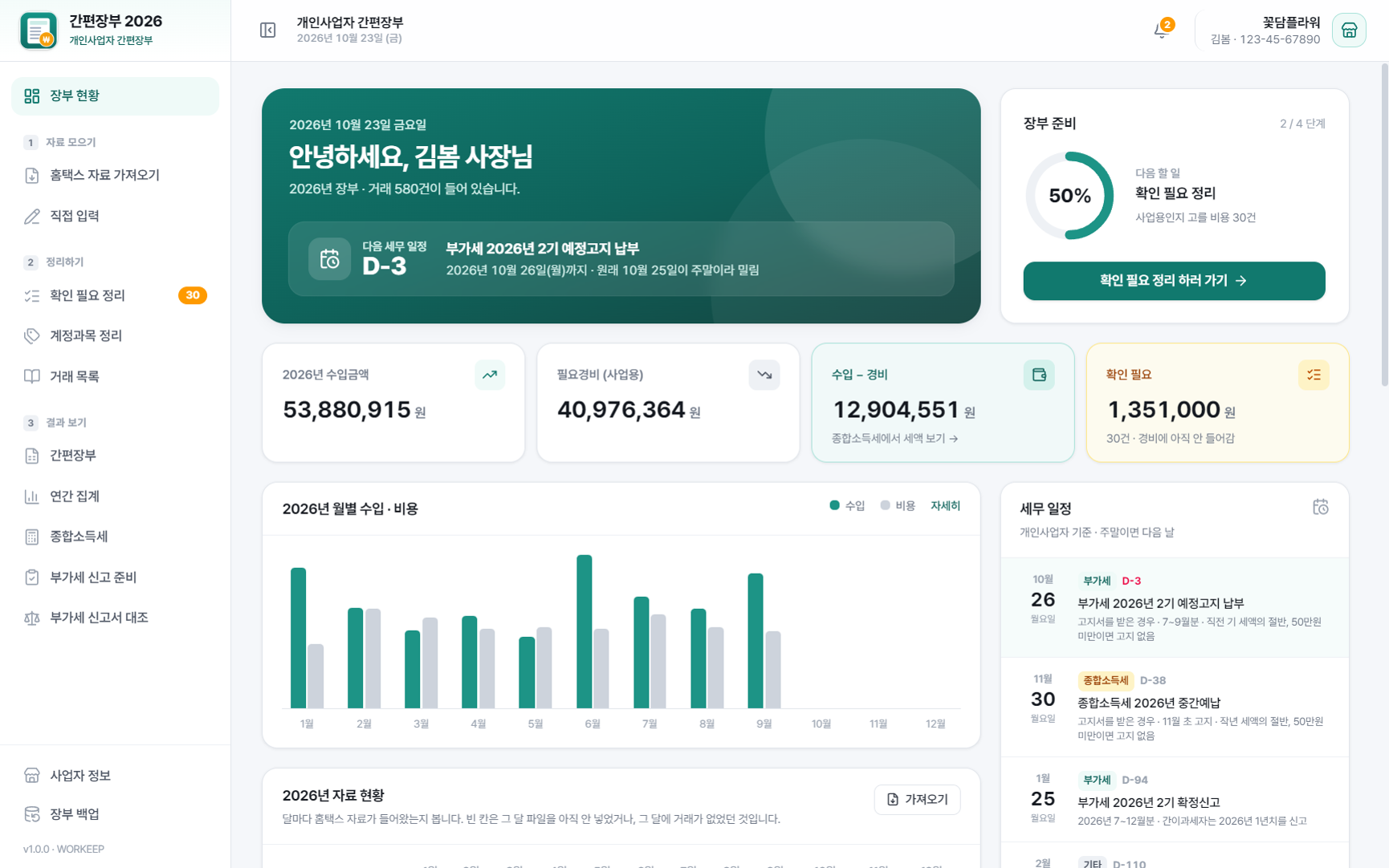 간편장부 2026 장부 현황 — 수입금액 · 필요경비 · 월별 수입 비용 그래프와 세무 일정