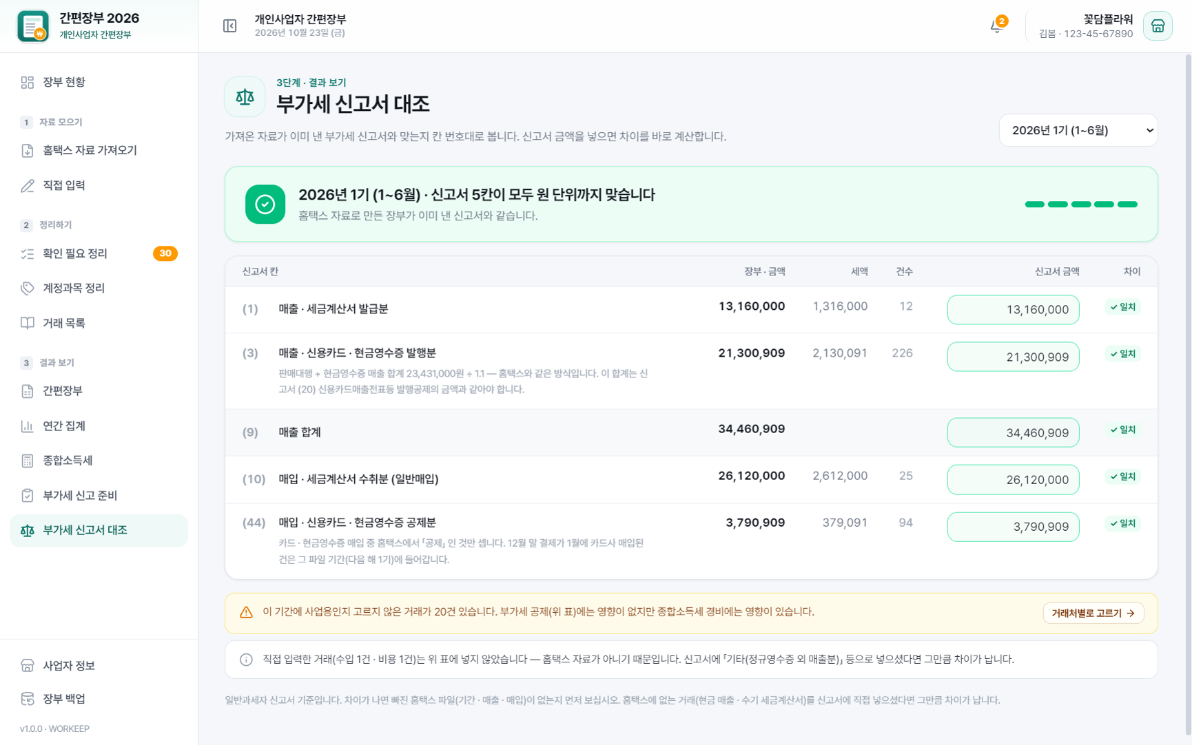 간편장부 2026 부가세 신고서 대조 — 신고서 칸별로 장부 금액과 원 단위 일치 확인