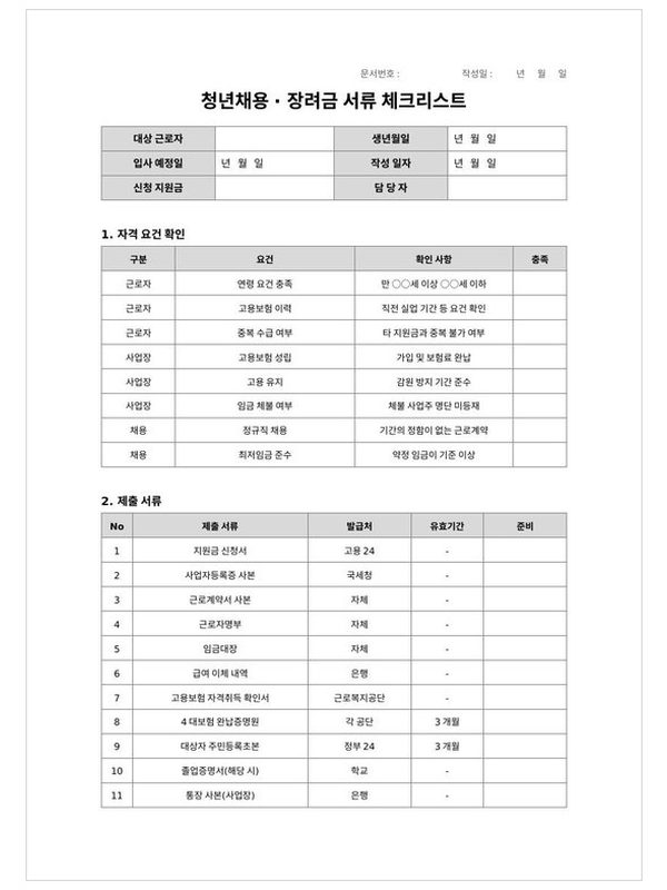 청년채용·장려금 서류 체크리스트 미리보기